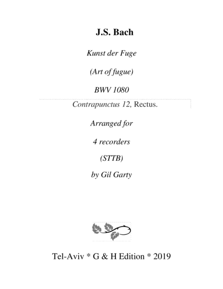 Contrapunctus 12 Rectus From Art Of Fugue Bwv 1080 Arrangement For Recorders Sheet Music