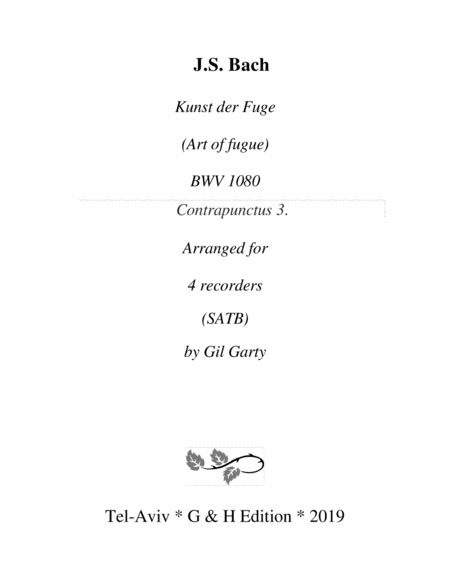 Contrapunctus 3 From Art Of Fugue Bwv 1080 Arrangement For Recorders Sheet Music