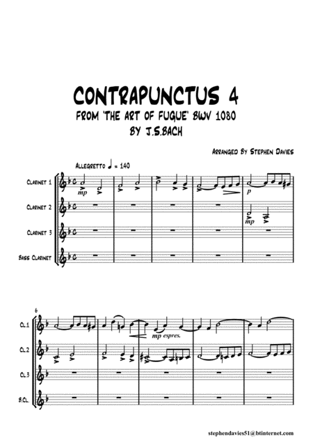Free Sheet Music Contrapunctus 4 By Js Bach Bwv 1080 From The Art Of The Fugue For Clarinet Quartet