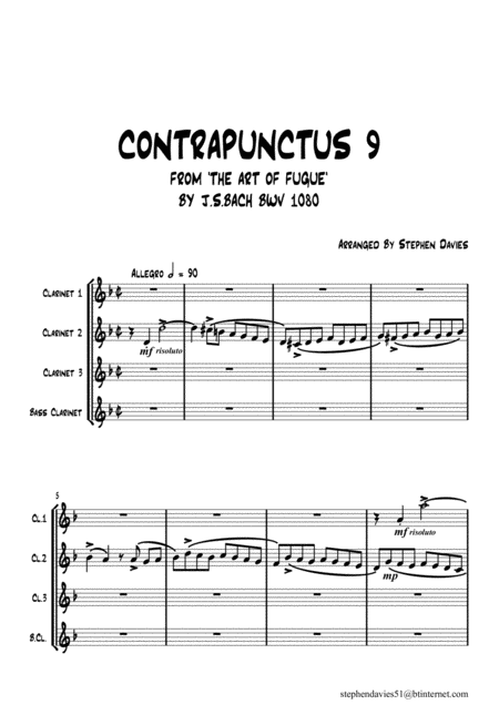 Contrapunctus 9 By Js Bach Bwv 1080 From The Art Of The Fugue For Clarinet Quartet Sheet Music