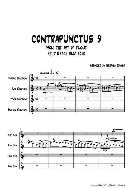 Contrapunctus 9 By Js Bach Bwv 1080 From The Art Of The Fugue For Saxophone Quartet Sheet Music