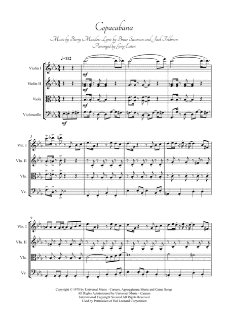 Copacabana At The Copa Arranged For String Quartet By Greg Eaton Score And Parts Perfect For Gigging Quartets Sheet Music