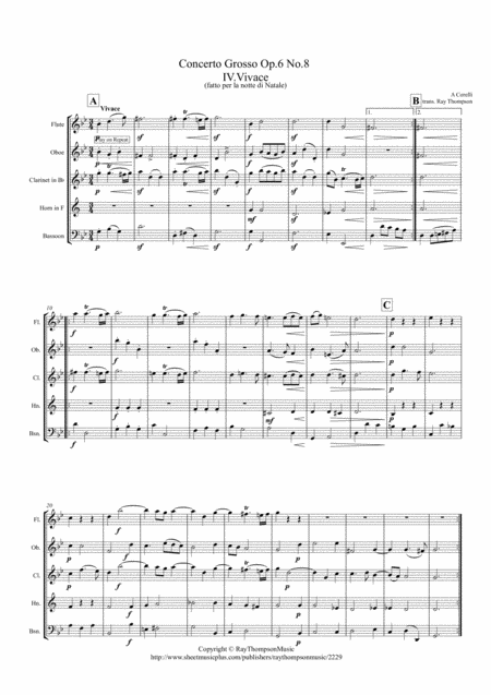 Free Sheet Music Corelli Concerto Grosso Op 6 No 8 Christmas Concerto Mvt Iv Vivace Wind Quintet