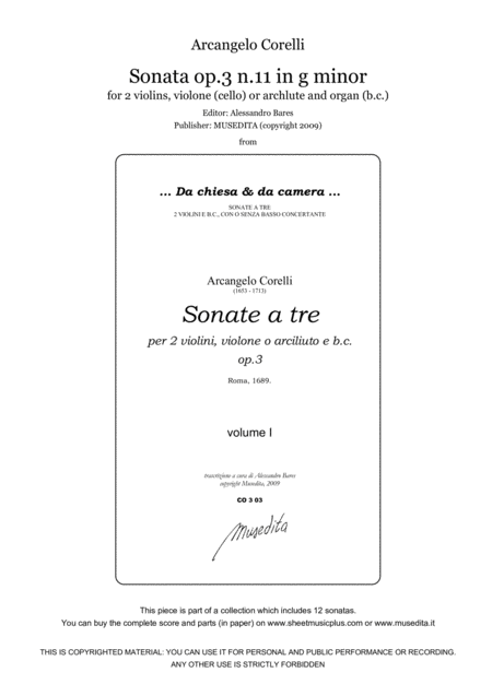 Corelli Sonata Op 3 N 11 In G Minor Sheet Music