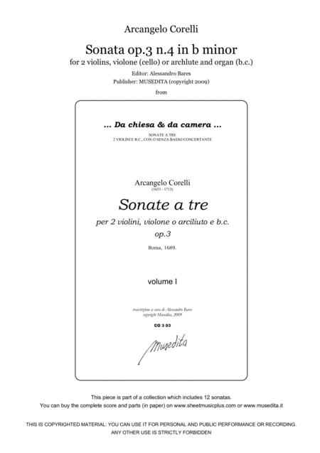 Corelli Sonata Op 3 N 4 In B Minor Sheet Music