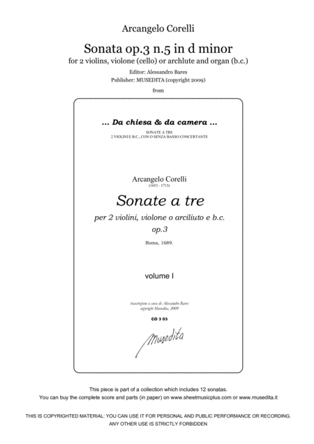 Corelli Sonata Op 3 N 5 In D Minor Sheet Music