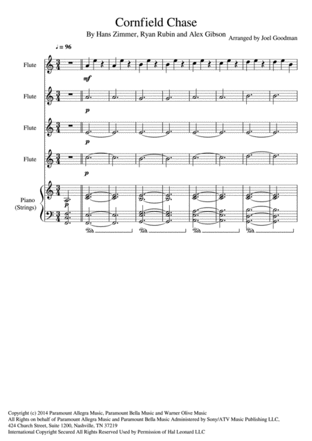 Cornfield Chase From The Paramount Pictures Film Interstellar Flute Choir And Piano Sheet Music