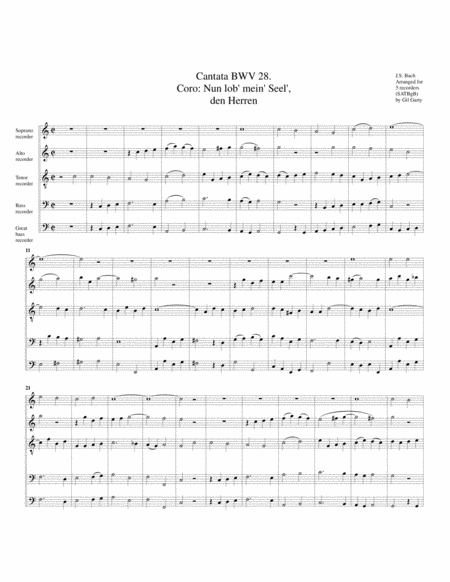 Coro Nun Lob Mein Seel Den Herren From Cantata Bwv 28 Arrangement For 5 Recorders Sheet Music