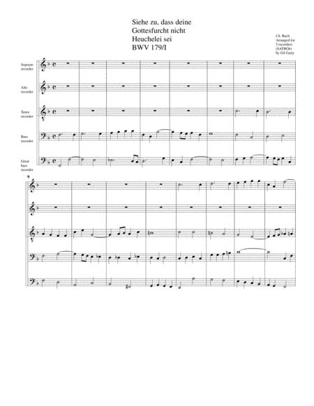 Free Sheet Music Coro Siehe Zu Dass Deine Gottesfurcht Nicht Heuchelei Sei From Cantata Bwv 179 Arrangement For 5 Recorders