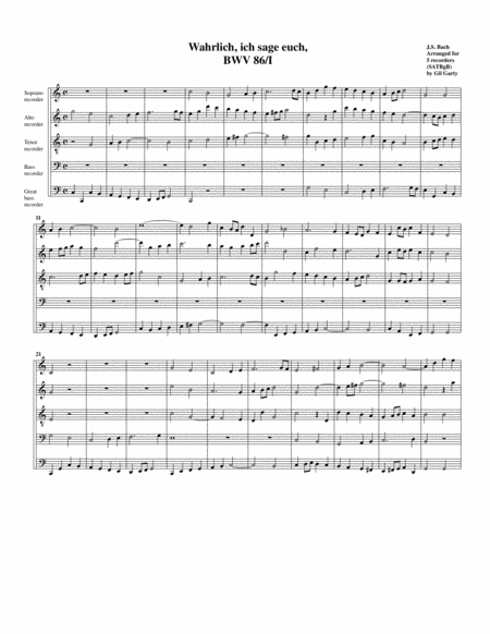 Coro Wahrlich Wahrlich Ich Sage Euch From Cantata Bwv 86 Arrangement For 5 Recorders Sheet Music