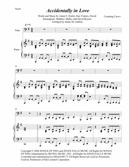 Counting Crows Accidentally In Love For Tuba Piano Sheet Music