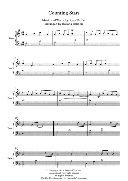 Counting Stars D Minor By One Republic Easy Piano Sheet Music