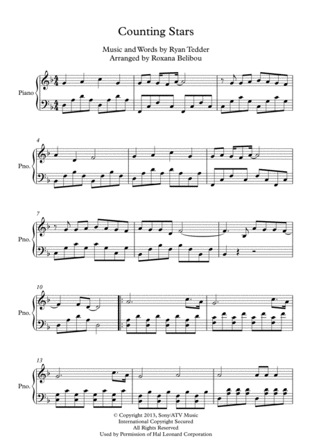 Counting Stars D Minor By One Republic Piano Sheet Music