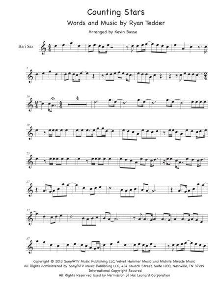 Counting Stars Easy Key Of C Bari Sax Sheet Music