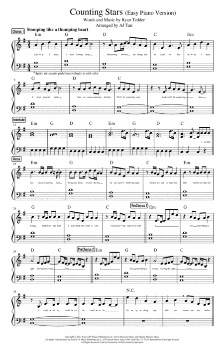 Counting Stars Easy Piano Version Sheet Music