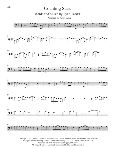 Counting Stars Original Key Cello Sheet Music