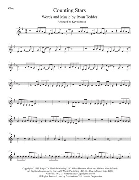 Free Sheet Music Counting Stars Original Key Oboe