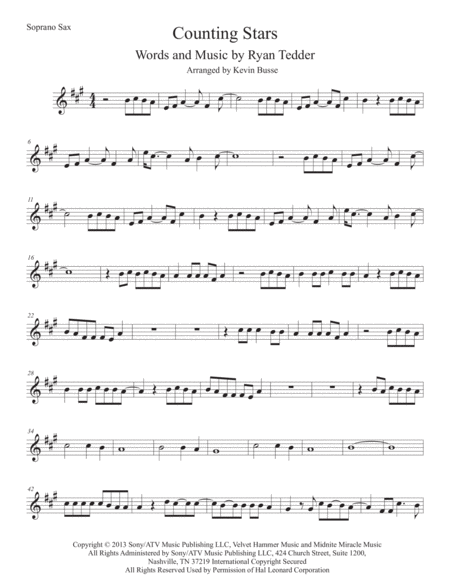 Counting Stars Original Key Soprano Sax Sheet Music