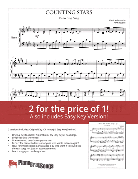 Counting Stars Simplified And Easy Key Piano Solos Sheet Music