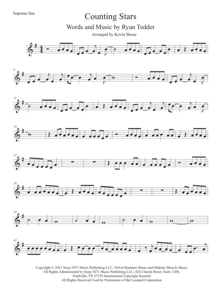 Free Sheet Music Counting Stars Soprano Sax
