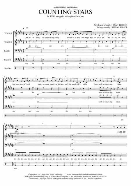 Counting Stars Ttbb A Cappella Sheet Music