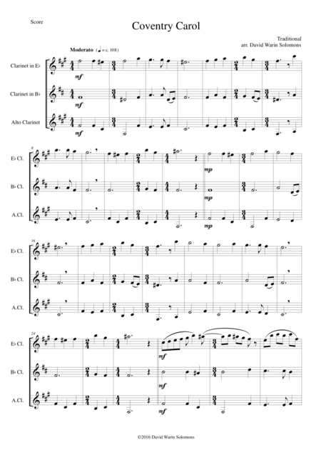 Coventry Carol For Clarinet Trio E Flat B Flat Alto Sheet Music