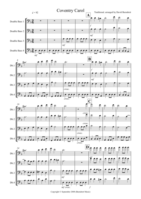 Free Sheet Music Coventry Carol For Double Bass Quartet