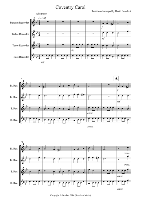 Coventry Carol For Recorder Quartet Sheet Music