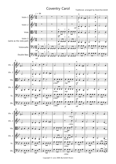 Coventry Carol For String Orchestra Sheet Music