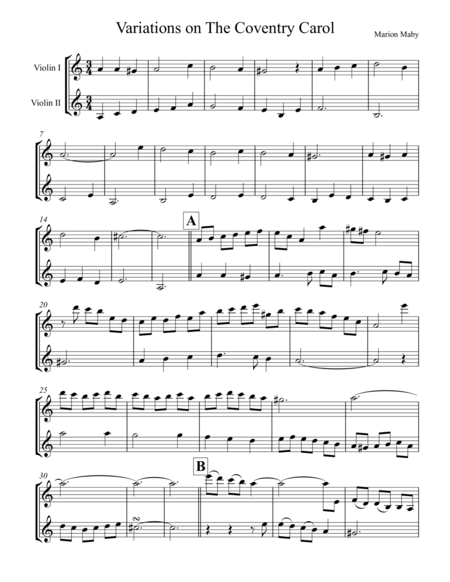 Coventry Carol Variations For Violin Duet Sheet Music