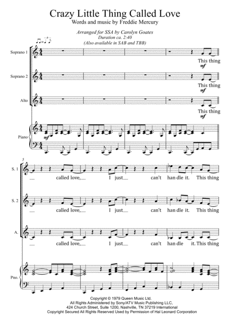 Free Sheet Music Crazy Little Thing Called Love Queen For Ssa Piano