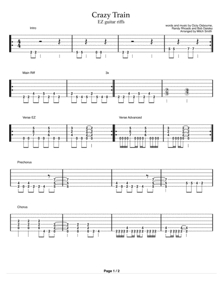 Free Sheet Music Crazy Train Guitar Riffs