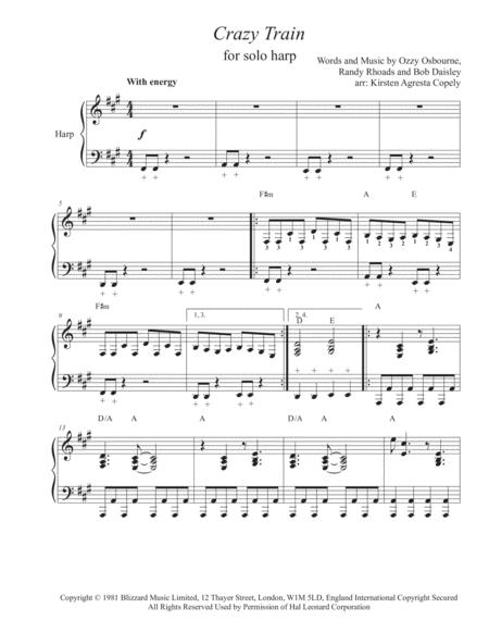 Free Sheet Music Crazy Train Ozzy Osbourne Solo Harp Arrangement