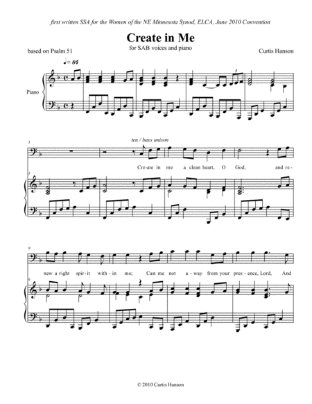 Free Sheet Music Create In Me Sab