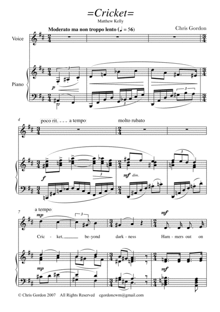 Free Sheet Music Cricket Song For Soprano Voice And Piano