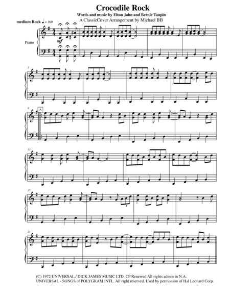 Free Sheet Music Crocodile Rock A Classiccover Arrangement By Michael Bb From Gateway Editions