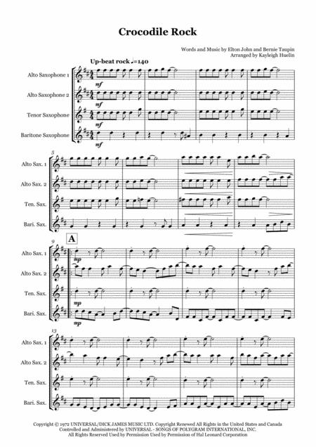 Free Sheet Music Crocodile Rock By Elton John Saxophone Quartet Aatb