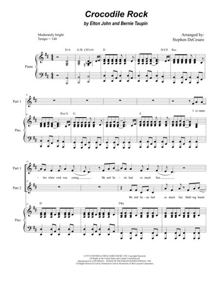 Free Sheet Music Crocodile Rock For 2 Part Choir