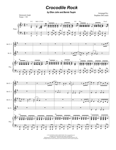 Crocodile Rock For Clarinet Choir And Piano Sheet Music