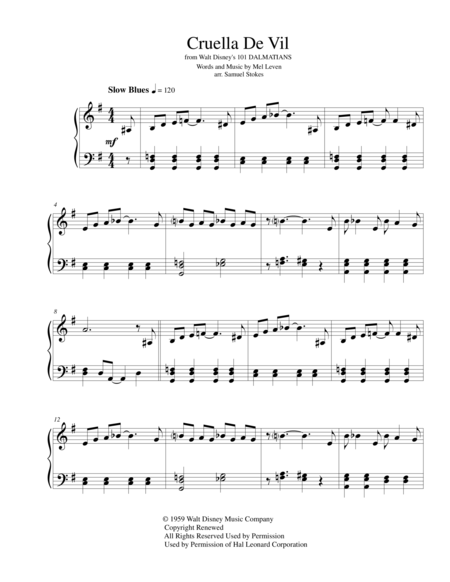 Cruella De Vil For Intermediate Piano Sheet Music