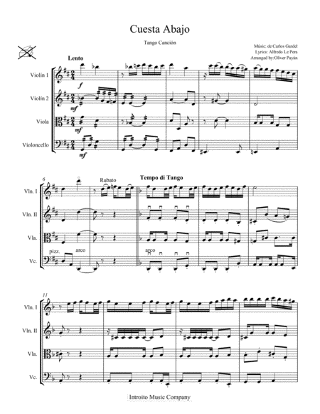 Cuesta Abajo Tango For String Quartet Sheet Music