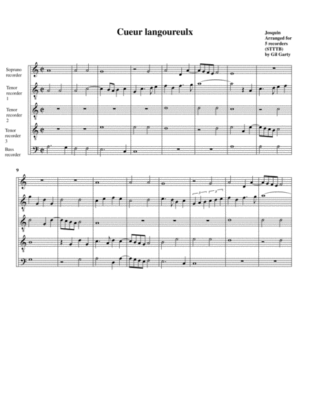 Free Sheet Music Cueur Langoureulx Arrangement For 5 Recorders