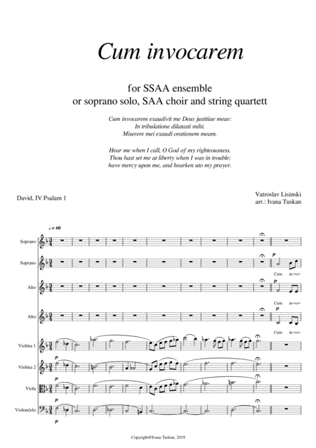 Cum Invocarem For Ssaa And String Quartet Sheet Music