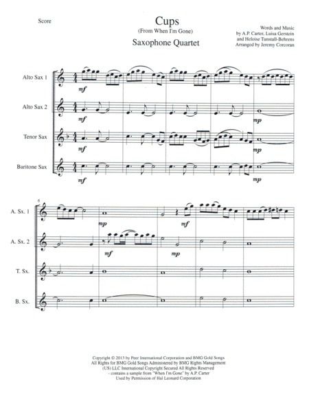 Cups When I M Gone For Saxophone Quartet Sheet Music