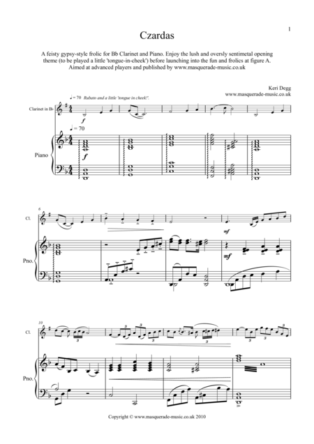 Czardas A Feisty Gypsy Style Romp For Bb Clarinet Piano No Safety Net Supplied Sheet Music