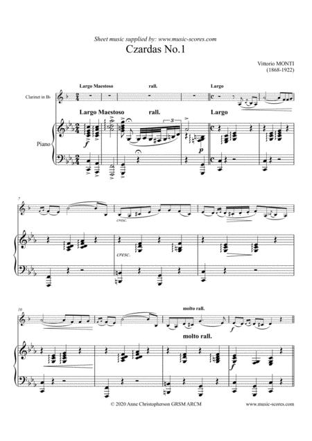 Czardas No 1 Monti Clarinet And Piano Sheet Music