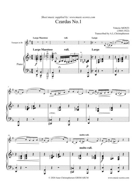 Free Sheet Music Czardas No 1 Monti Trumpet And Piano