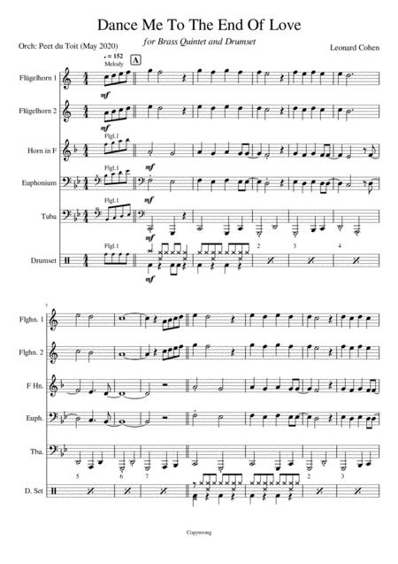 Free Sheet Music Dance Me To The End Of Love Leonard Cohen Brass Quintet Drumset
