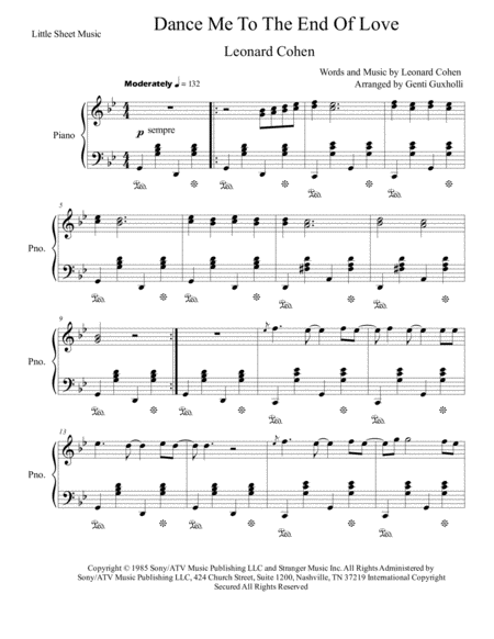 Dance Me To The End Of Love Piano Solo Sheet Music