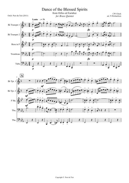 Free Sheet Music Dance Of The Blessed Spirits From Orfeo Ed Euridice Gw Gluck Brass Quintet